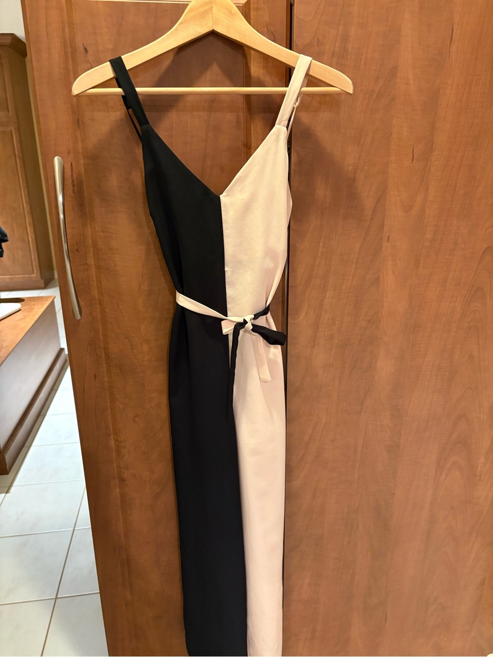 Topshop Black and Light Pink Two-Tone Slip Jumpsuit with Tie Waist